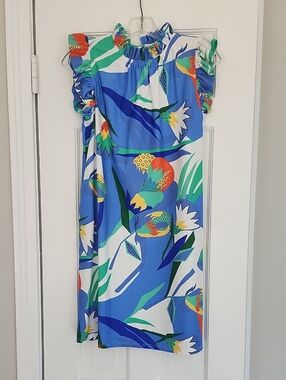 Jude Connally Vibrant Blue Tropical Print Ruffle-Sleeve Dress